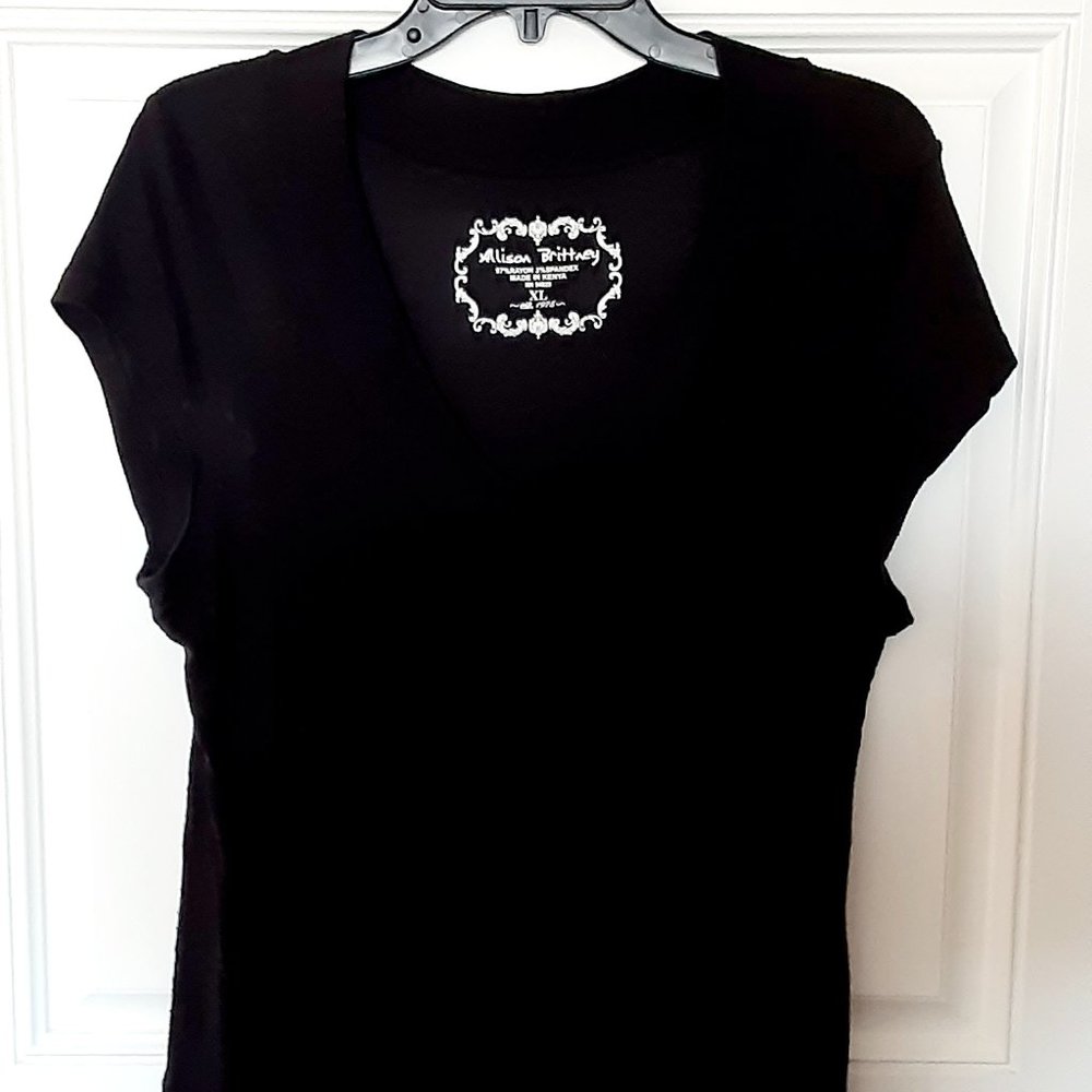 Allison Brittney Black Ribbed Short Sleeve V-Neck Top XL